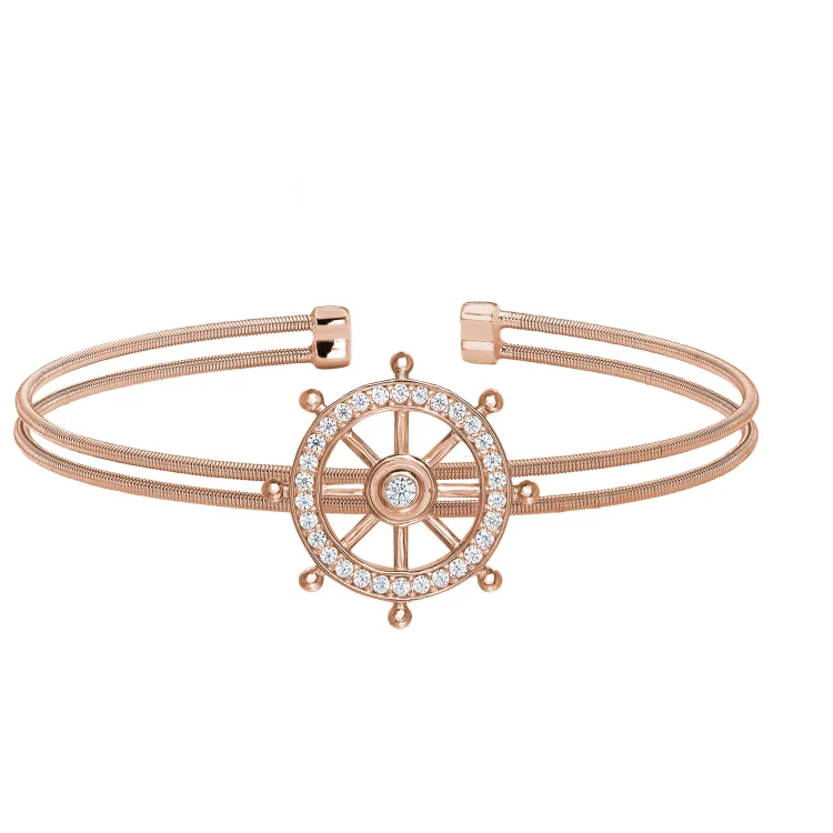 Custom engraved bracelets for personalized gifts-Rose Gold Finish Sterling Silver Two Cable Ships Wheel Cuff Bracelet Bracelet with Simulated Diamonds