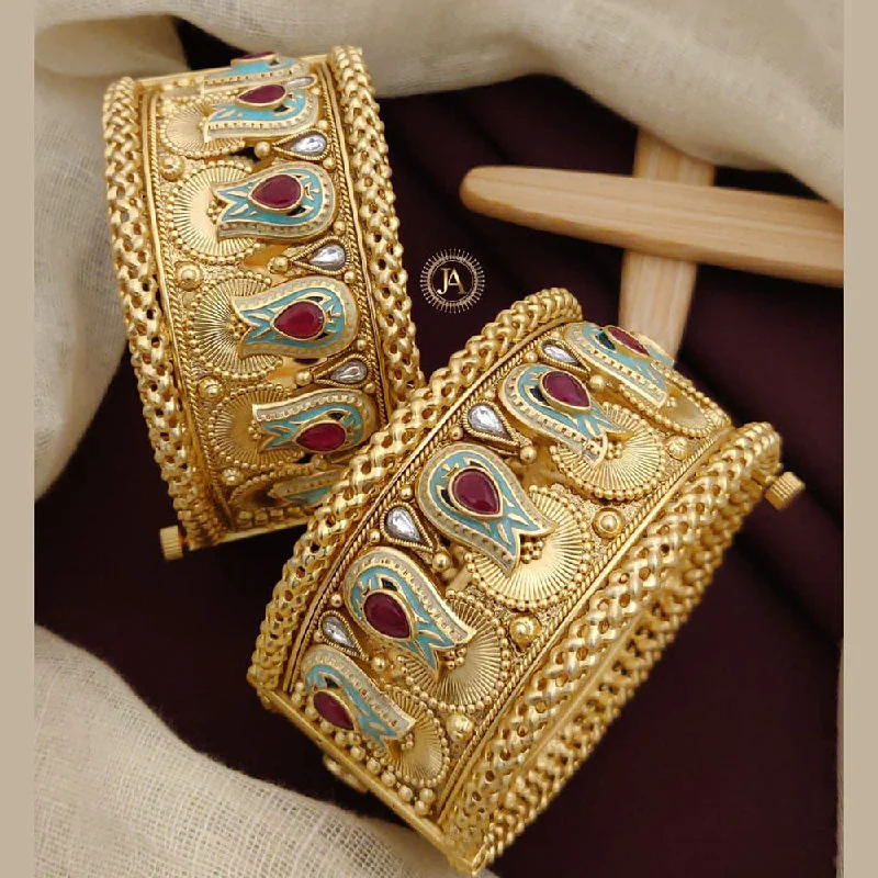 Custom bangles with initials for personalized gifts-Neetu Art Gold Plated Pota Stone And Pearls Meenakari Openable Bangles Set