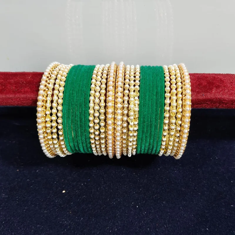 Double-row bangles for layered elegance-Pooja Bangles Gold Plated Pearls Velvet Bangles Set