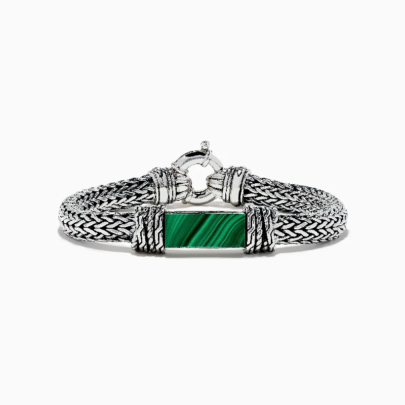 Leather bracelets for rugged fashion-Men's 925 Sterling Silver Braided Chain Malachite Bracelet 10.20 TCW