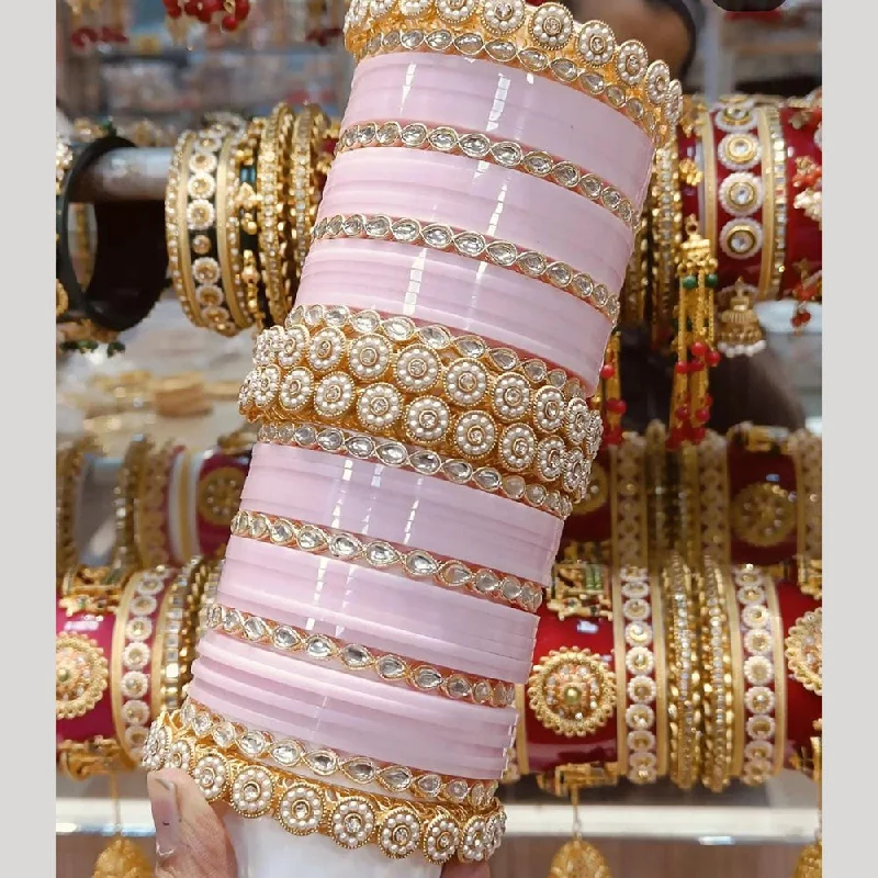 Double-row bangles for layered elegance-Kavita Art Gold Plated Kundan Stone And Pearls Acrylic Bridal Bangle Set