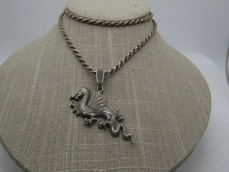 Boho feather necklaces for free-spirited fashion-Vintage Sterling Silver Dragon Necklace, 23.5" Rope Chain, Signed 1ofaKind, 1980's-1990's.