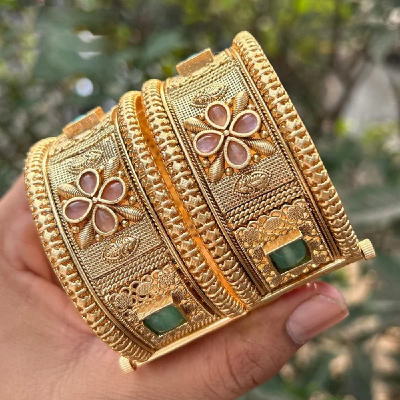 Bangles with engraving for sentimental value-Neetu Art Gold Plated Pota Stone Openable Bangles Set