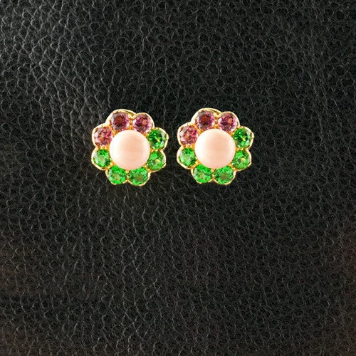 Personalized name earrings for unique accessories-Coral, Pink Tourmaline & Green Garnet Flower Earrings