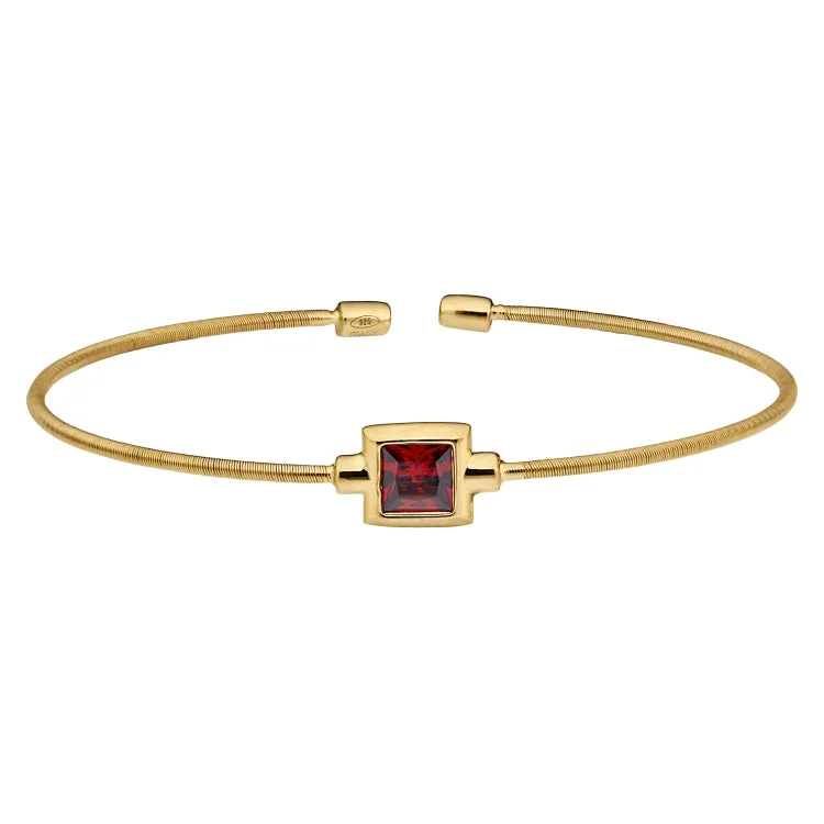 Classic chain bracelets for versatile style-Gold Finish Sterling Silver Cable Cuff Bracelet with Princess Cut Simulated Garnet Birth Gem