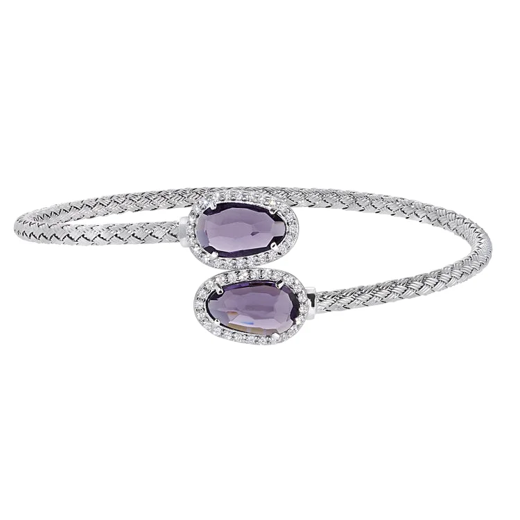 Friendship bracelets with charms for personalized style-Rhodium Finish Sterling Silver Basketweave Cable Cuff  Bracelet with Simulated Diamonds and a Lilac Stone on Each End