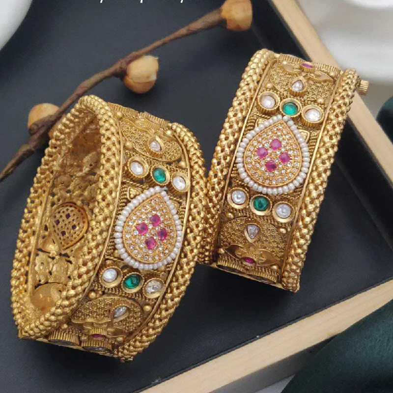 Adjustable bangles for a perfect fit-Akruti Collection Gold Plated Pota Stone And Pearls Openable Bangle Set