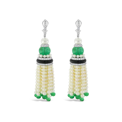 Handmade silver earrings for unique beauty-Pearl, Emerald, Onyx & Diamond Tassel Earrings