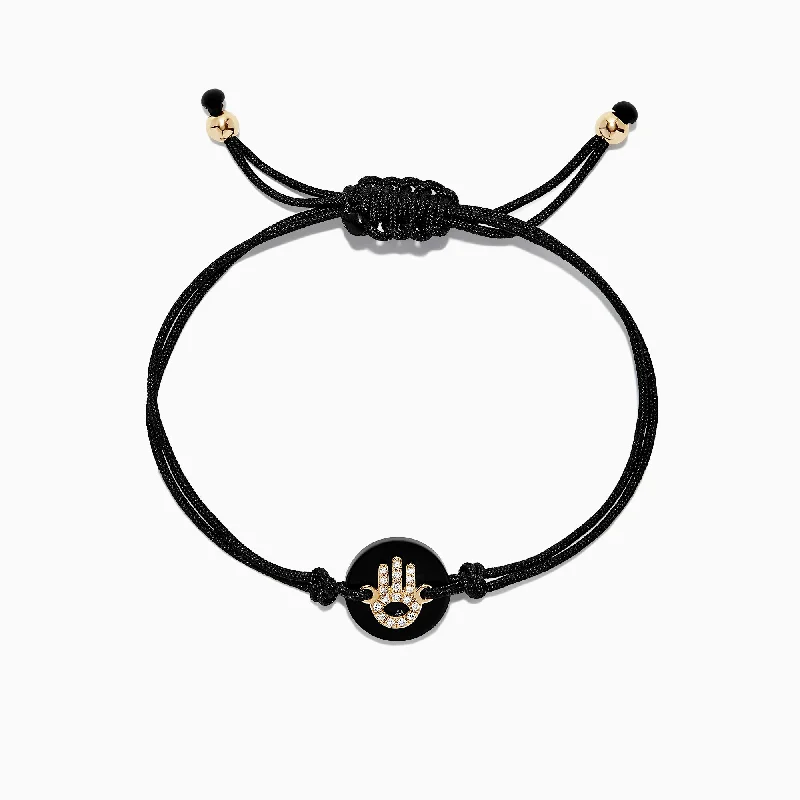 Elegant clasp bracelets for a secure and stylish fit-Novelty 14K Yellow Gold Onyx and Diamond Hamsa Bracelet, 2.74 TCW