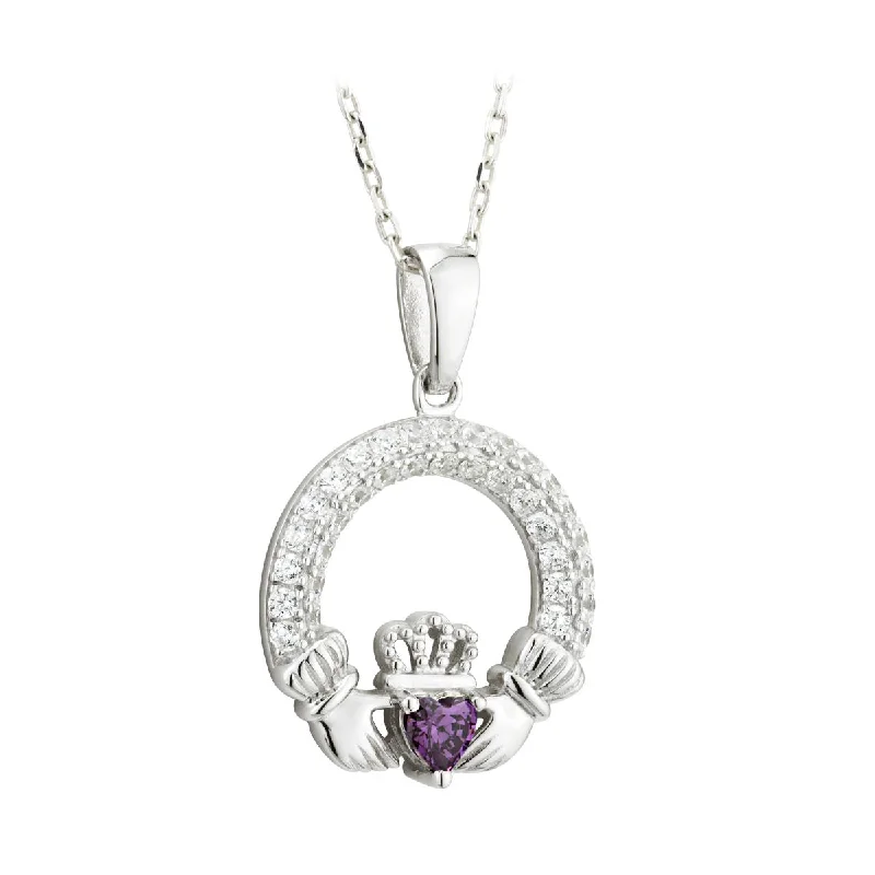 Double pendant necklaces for layered style-February Birthstone Claddagh Necklace