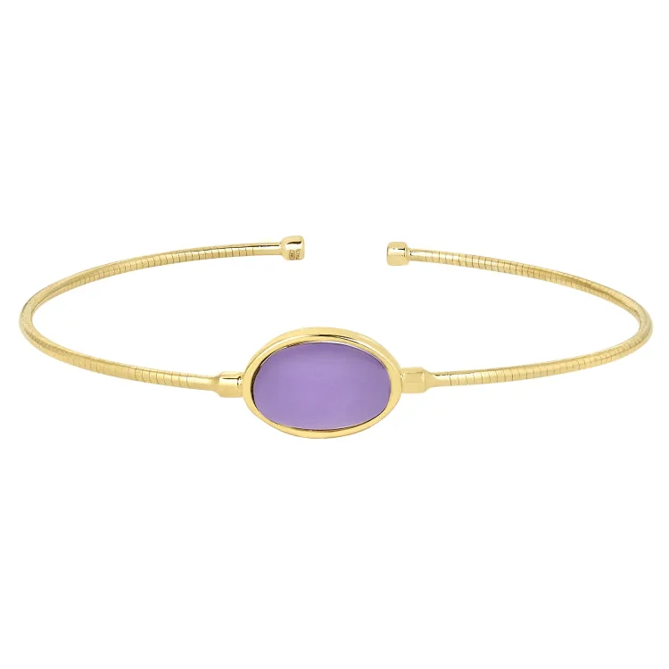 Friendship bracelets for meaningful connections-Gold Finish Sterling Silver Rounded Omega Cable Cuff Bracelet with an Oval Purple Murano Stone