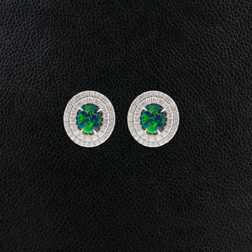 Custom heart-shaped earrings for romantic gifts-Black Opal Earrings with Double Diamond Halos