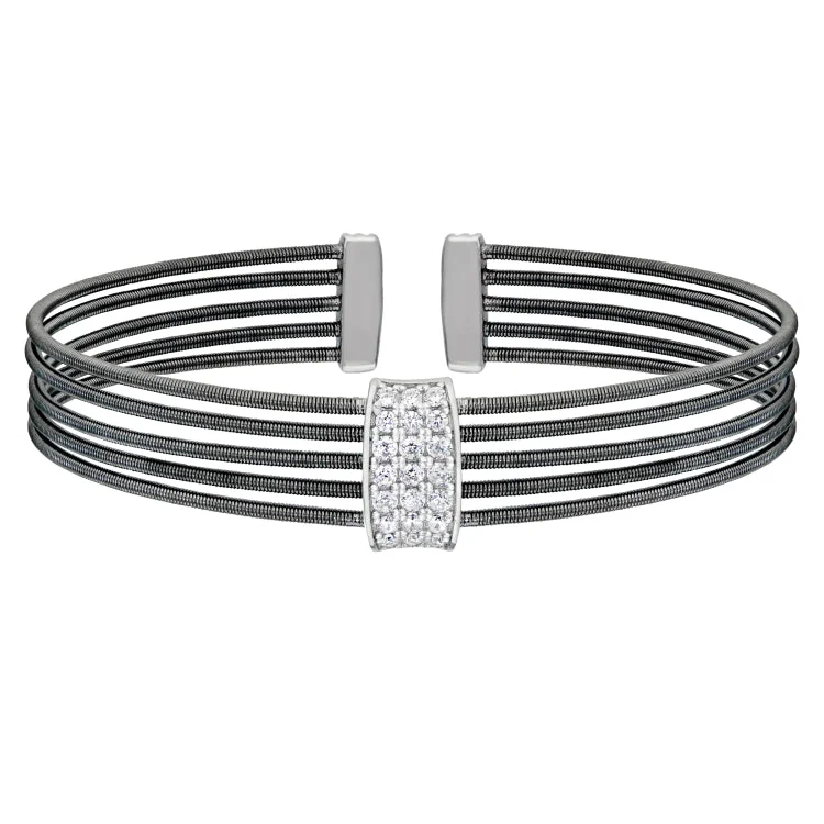 Crystal-studded bracelets for sparkling elegance-Black Rhodium Finish Sterling Silver Multi Cable Cuff Bracelet with Rhodium Finish Simulated Diamond Three Rows