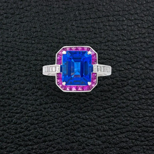 Engraved anniversary rings for celebrating love-Tanzanite, Pink Sapphire & Diamond Ring