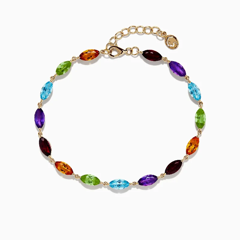 Pearl-encrusted bracelets for refined beauty-Mosaic 14K Yellow Gold Multi Gemstone Adjustable Tennis Bracelet 9.30 TCW