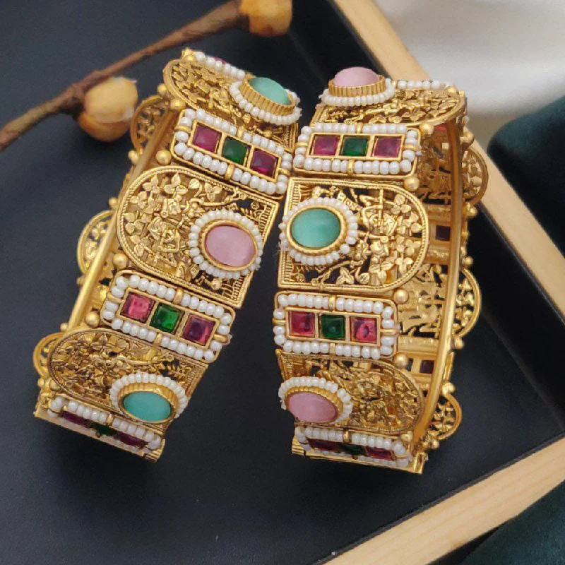 Layered bangle sets for trendy looks-Akruti Collection Gold Plated Pota Stone And Pearls Openable Bangle Set