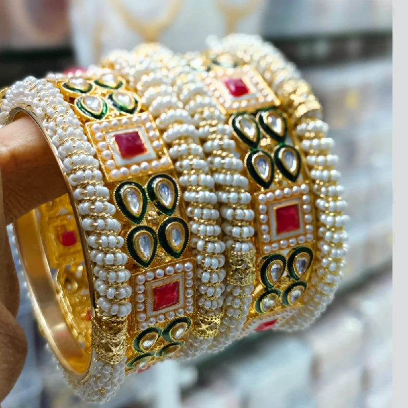 Hand-painted bangles for artistic style-Kavita Art Gold Plated Kundan Stone And Pearls Bangles Set