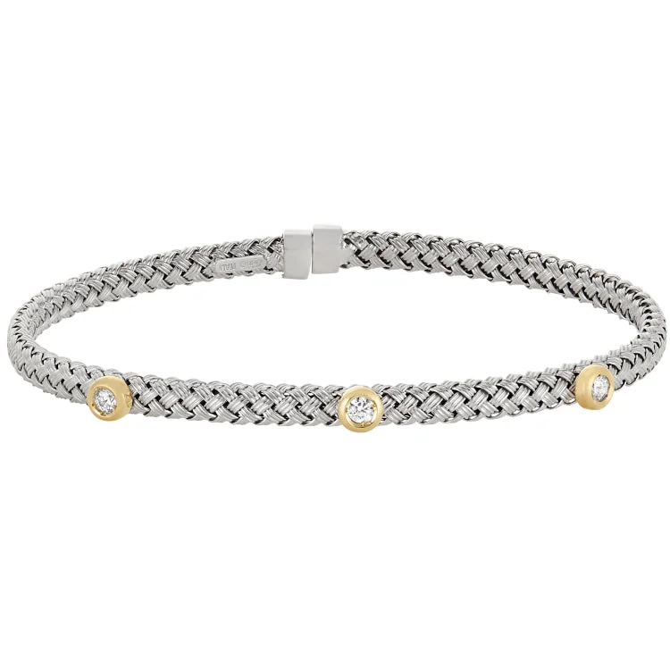 Engraved couples bracelets for matching gifts-Rhodium Finish Sterling Silver Basketweave Cuff Bracelet with Gold Finish Bezel Set Simulated Diamonds