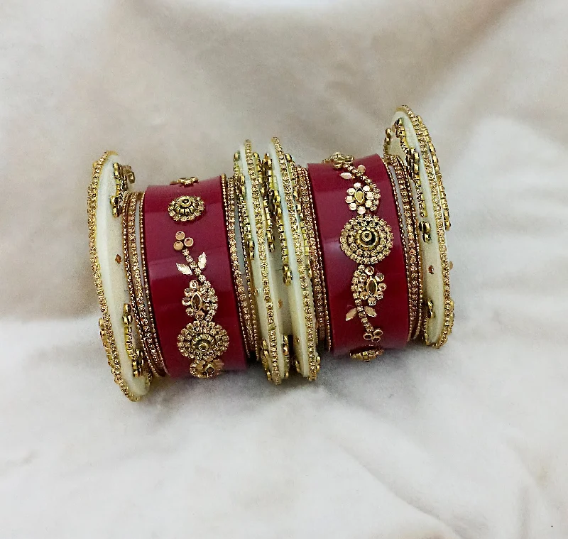 Simple stone bangles for elegant simplicity-Sejal Gold Plated Maroon Austrian Stone Bangle Set  - 1403748