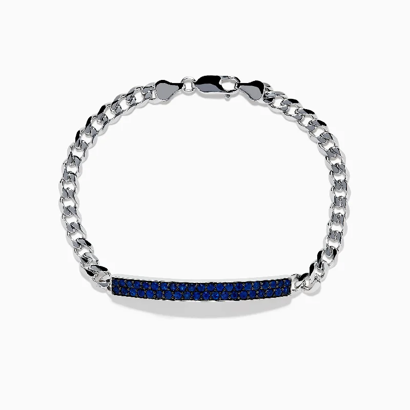 Beaded bracelets for bohemian chic-Men's 925 Sterling Silver Chain Link Blue Sapphire Bracelet