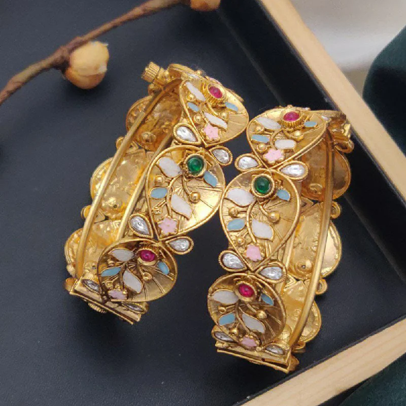 Adjustable cuff bangles for custom wear-Akruti Collection Gold Plated Pota Stone And Meenakari Openable Bangle Set