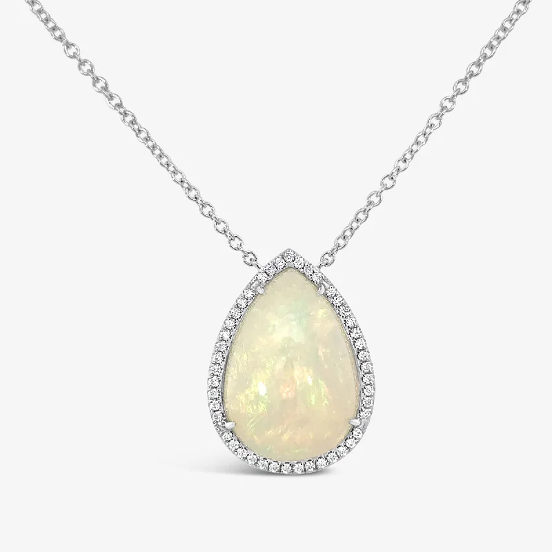 Elegant crystal necklaces for formal events-10.20CT Pear Shaped Opal & Diamond Halo Necklace