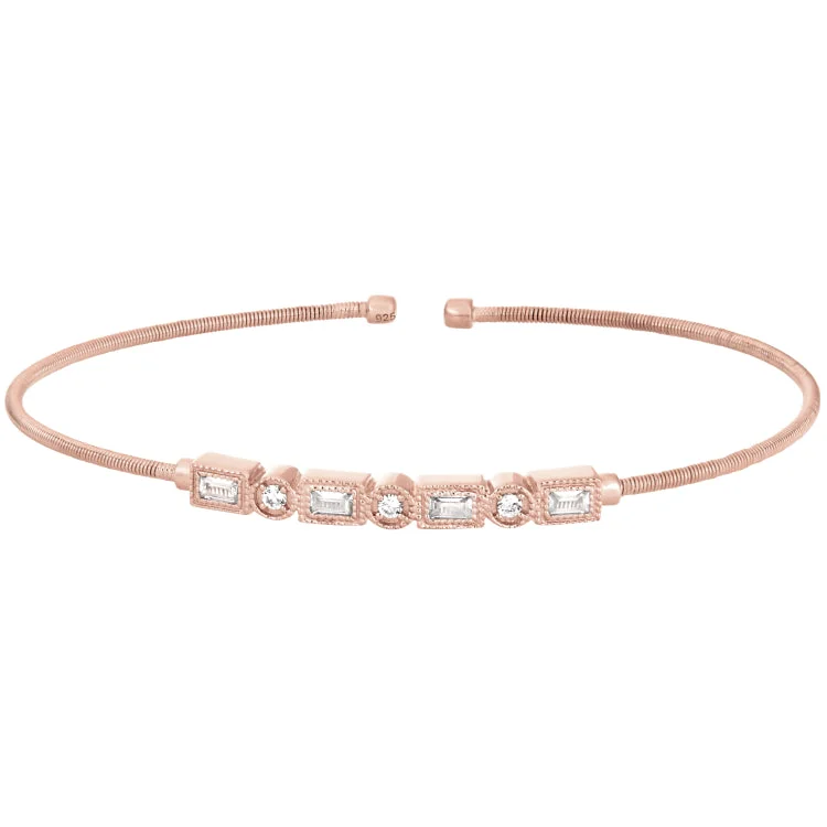 Infinity bracelets for eternal love-Rose Gold Finish Sterling Silver Cable Cuff Bracelet with Simulated Diamond Emerald & Round Design