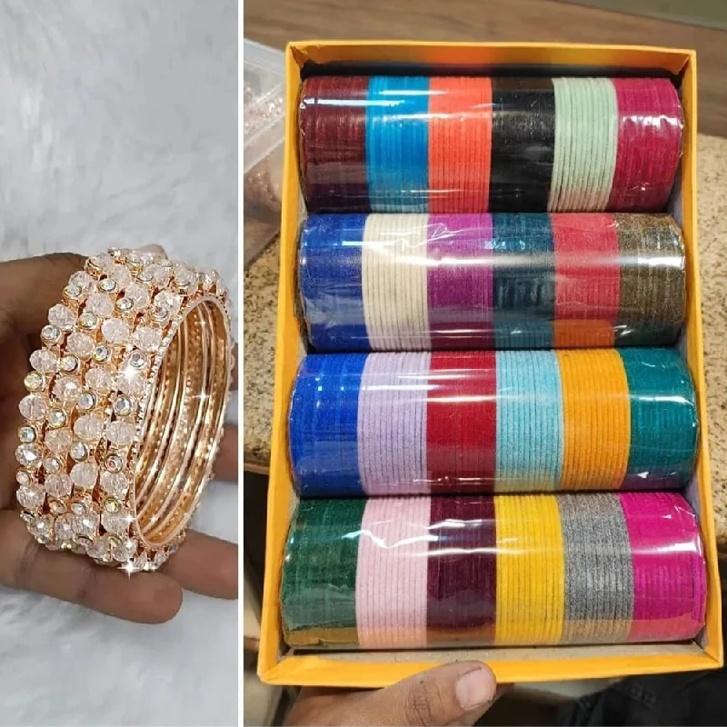 Colorful beaded bangles for vibrant flair-Pooja Bangles Rose Gold Plated Velvet And Pearl Bangles Set (Assorted Color )