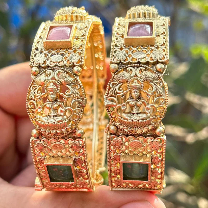 Gold bangles for timeless elegance-Neetu Art Gold Plated Pota Stone Temple Openable Bangles Set