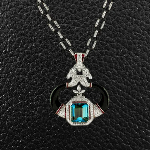 Antique-style necklaces for vintage charm-Aquamarine, Diamond, Onyx & Ruby Necklace