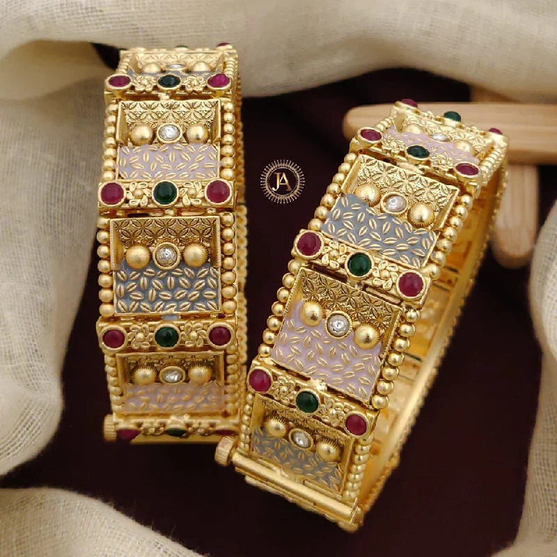 Modern cuff bangles for trendy style-Neetu Art Gold Plated Pota Stone Meenakari Openable Bangles Set