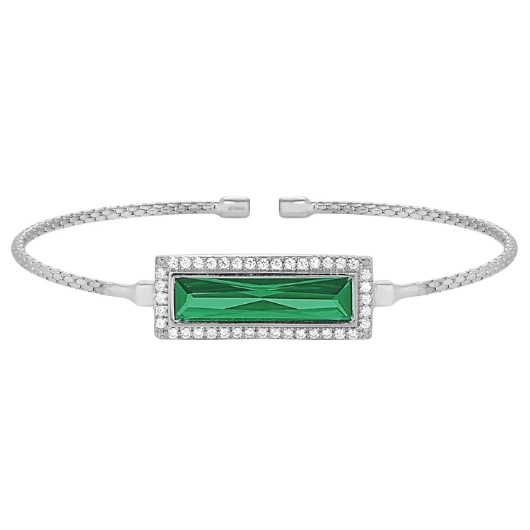 Men's leather bracelets for bold style-Rhodium Finish Sterling Silver Cable Cuff Bracelet with Rectangular Simulated Emerald Stone and Simulated Diamonds