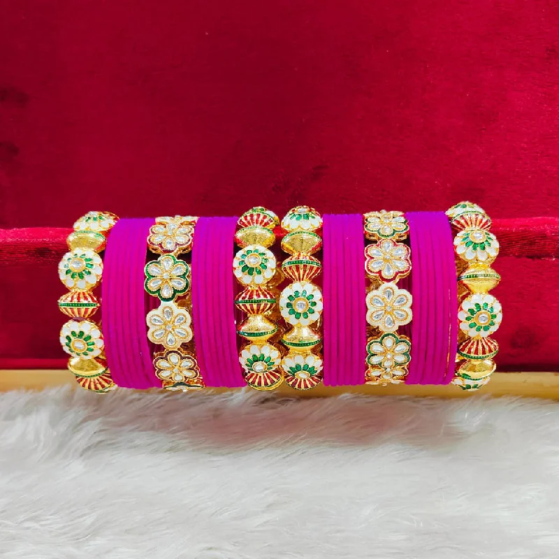 Vintage gold bangles for antique charm-Pooja Bangles Gold Plated Kundan Stone And Velvet Bangles Set