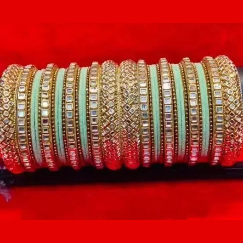 Men’s silver bangles for bold style-Pooja Bangles Gold Plated Mirror  And Velvet Bangles Set