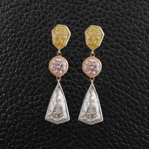 Colorful gemstone earrings for vibrant style-Yellow, Pink & White Diamond Dangle Earrings