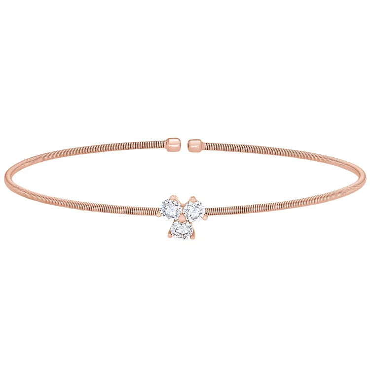 Custom zodiac bracelets for astrology lovers-Rose Gold Finish Sterling Silver Cable Cuff Bracelet with Three Round Simulated Diamonds