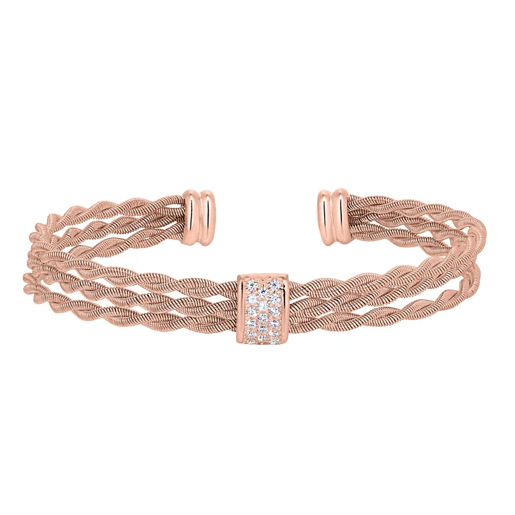 Charm bracelets for meaningful jewelry-Rose Gold Finish Sterling Silver Tightly Twisted Three Cable Cuff Bracelet with Central Bar with Simulated Diamonds