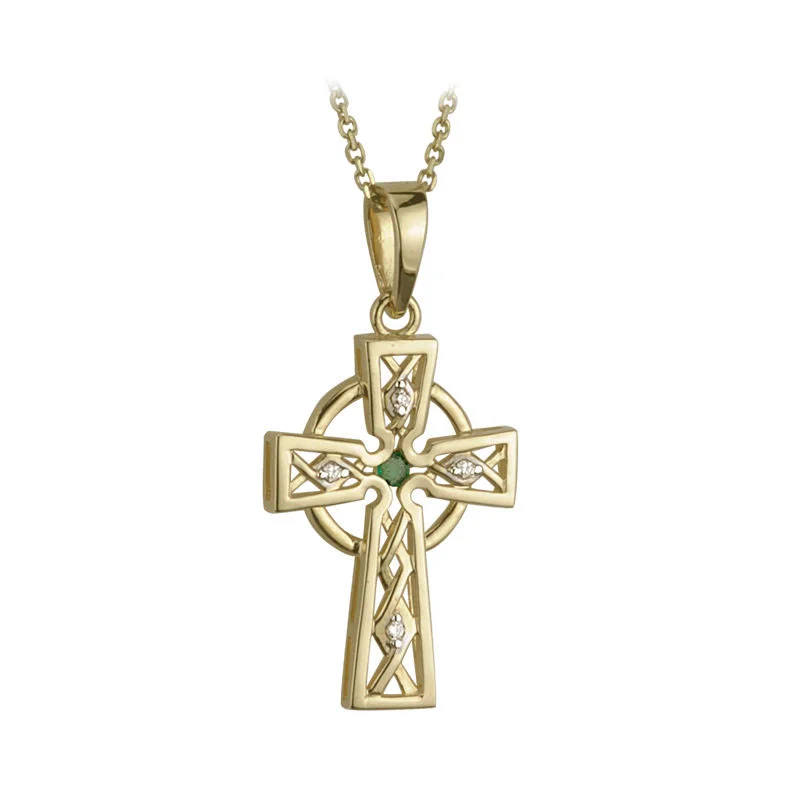 Custom engraved necklaces for personalized gifts-14K Gold Diamond Emerald Celtic Cross Necklace