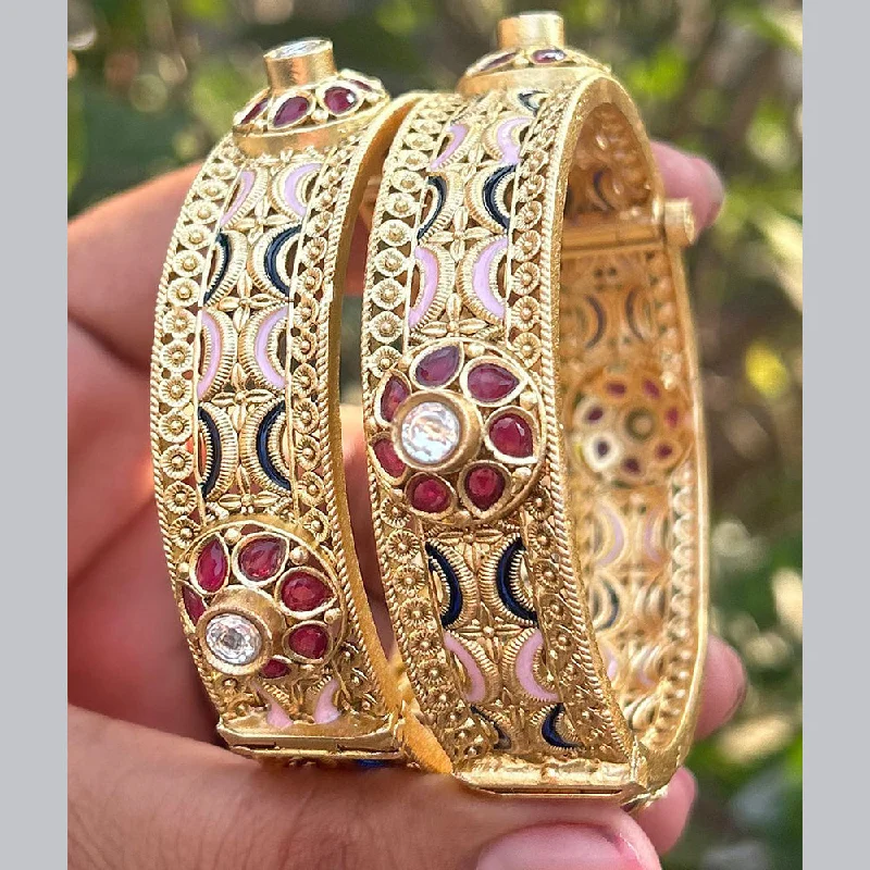 Simple cuff bangles for everyday wear-Neetu Art Gold Plated Pota Stone Meenakari Openable Bangles Set