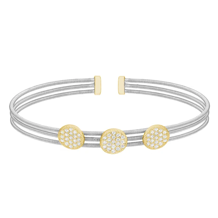 Sterling silver bracelets for classic appeal-Rhodium Finish Sterling Silver Three Cable Cuff Bracelet with Gold Finish Simulated Diamond Three Large Circles