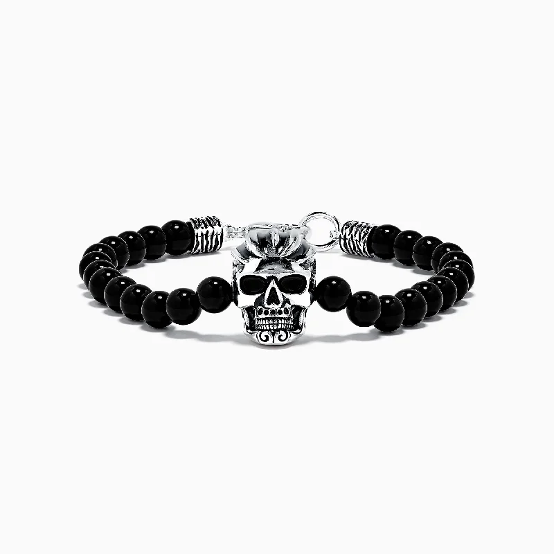 Magnetic therapy bracelets for health and wellness-Men's Sterling Silver Beaded Onyx Skull Bracelet, 38.50 TCW