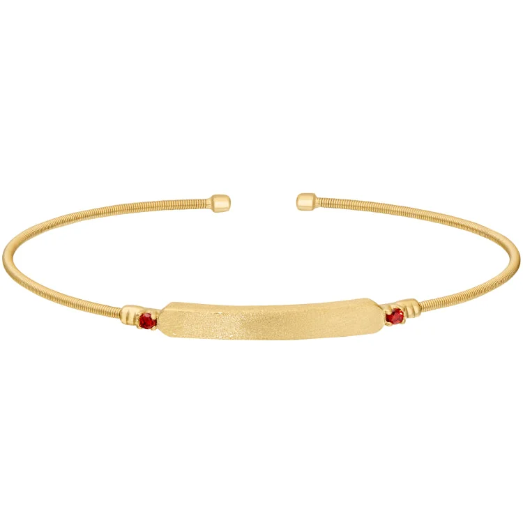 Friendship bracelets with initials for custom style-Gold Finish Sterling Silver Cable Cuff Bracelet with Name Plate and Simulated Garnet Birth Gems - January