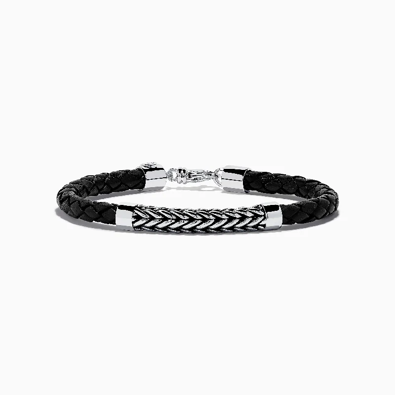 Luxury crystal bracelets for dazzling sparkle-Men's Sterling Silver and Leather Braid Bracelet