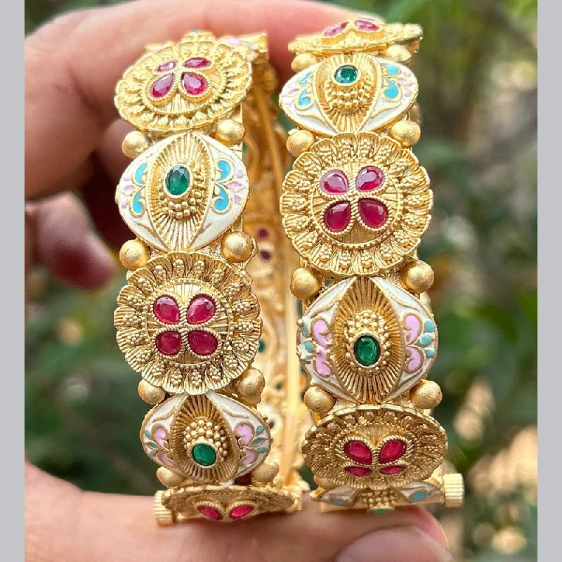 Beaded bangles for a bohemian vibe-Neetu Art Gold Plated Pota Stone Meenakari Openable Bangles Set