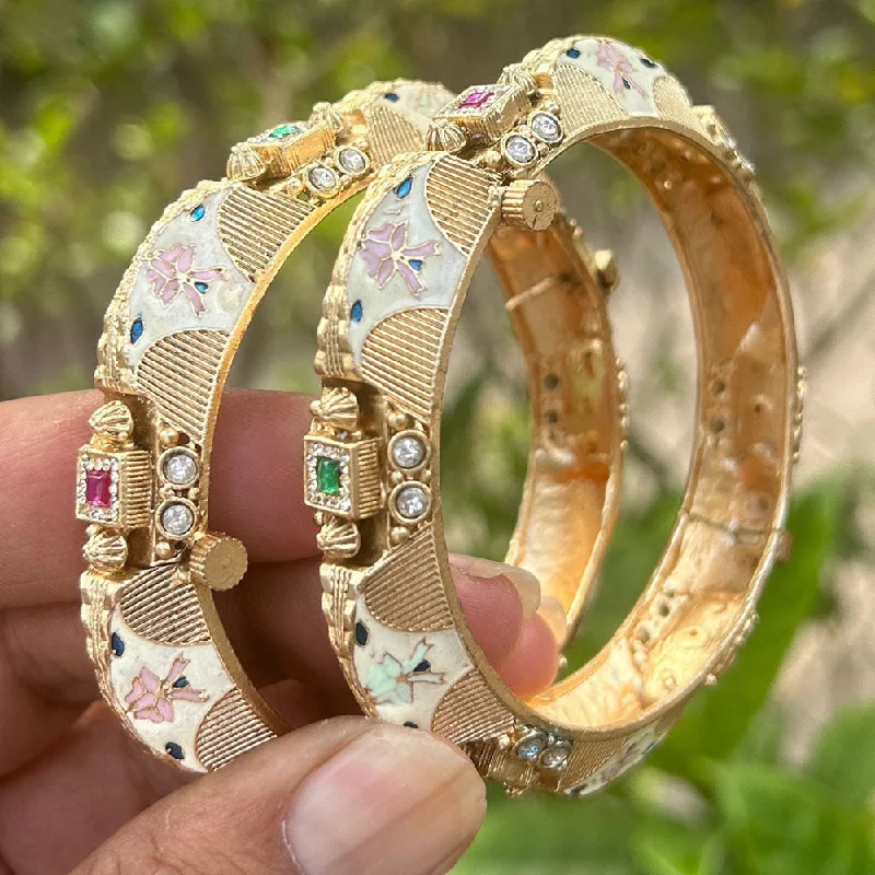 Custom birthstone bangles for personalized gifts-Neetu Art Gold Plated Pota Stone Meenakari Openable Bangles Set