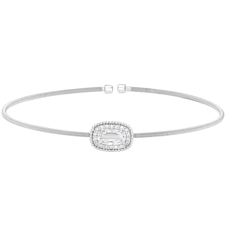 Fitness tracker bracelets for active lifestyles-Rhodium Finish Sterling Silver Cable Cuff Bracelet with Oval Halo Simulated Diamonds