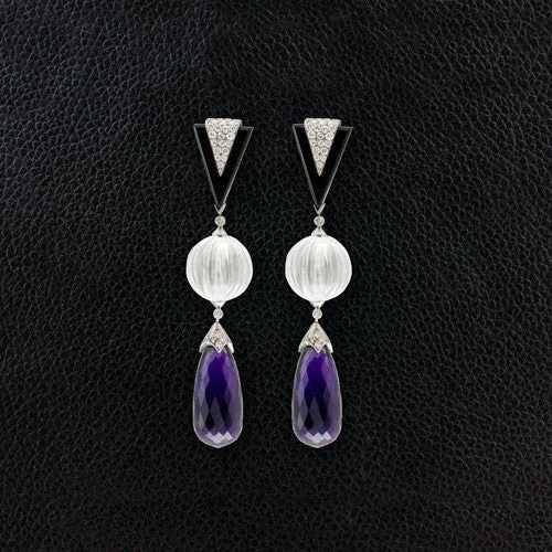 Long drop earrings for dramatic flair-Amethyst, Onyx, Crystal & Diamond Earrings