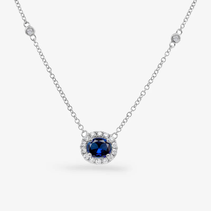 Customizable bar necklaces for modern elegance-Oval Sapphire and Diamond Halo Necklace