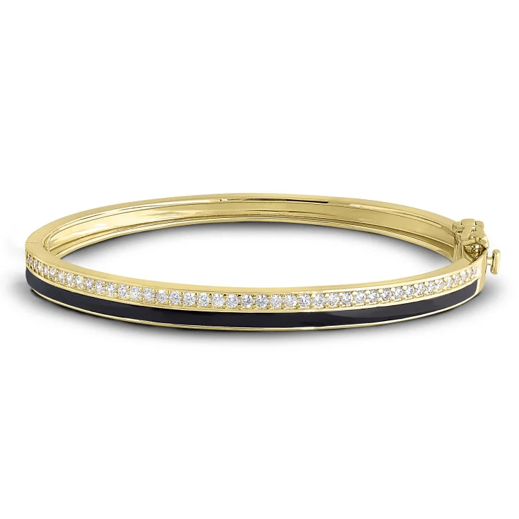 Custom engraved cuff bracelets for unique messages-Gold Vermeil Sterling Silver Micropave Hinged Bangle Bracelet with with Black Enamel and Simulated Diamonds