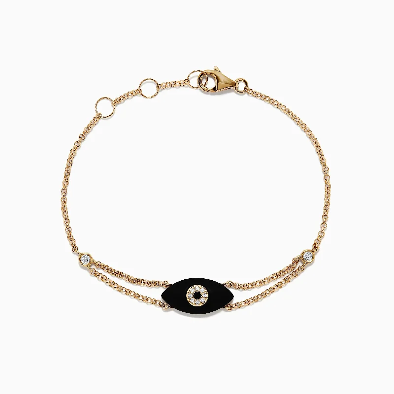 Luxury pearl and diamond bracelets for glamorous fashion-Novelty 14K Yellow Gold Onyx and Diamond Evil Eye Bracelet, 1.34 TCW